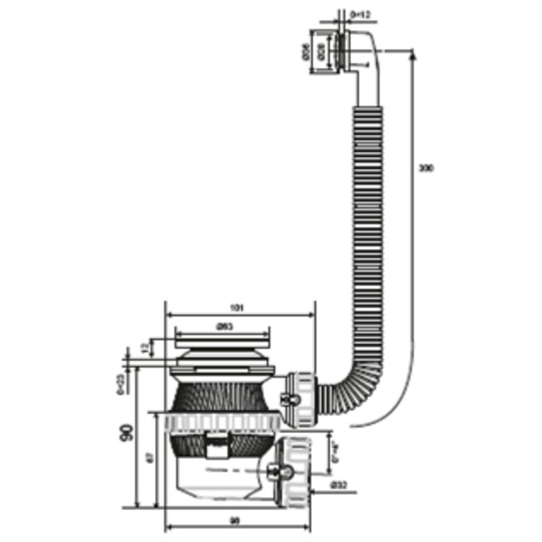 Ensemble bonde + siphon pour lavabo avec trop-plein intégré